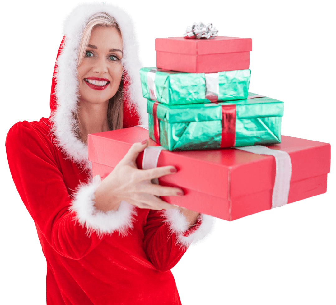 Smiling Woman in Santa Outfit Holding Transparent Christmas Gifts