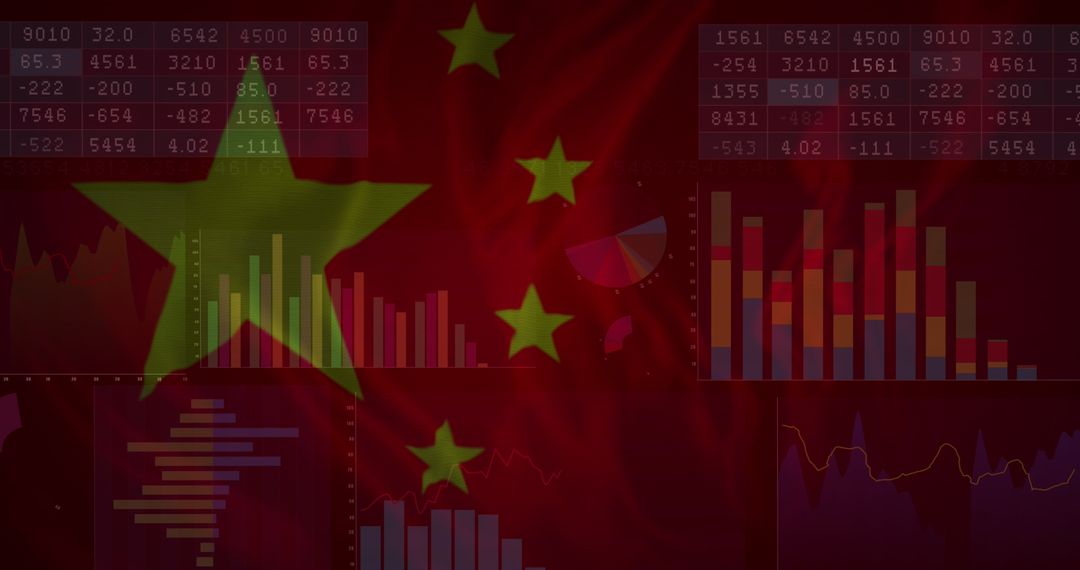 China Flag with overlay of Economic Data and Charts