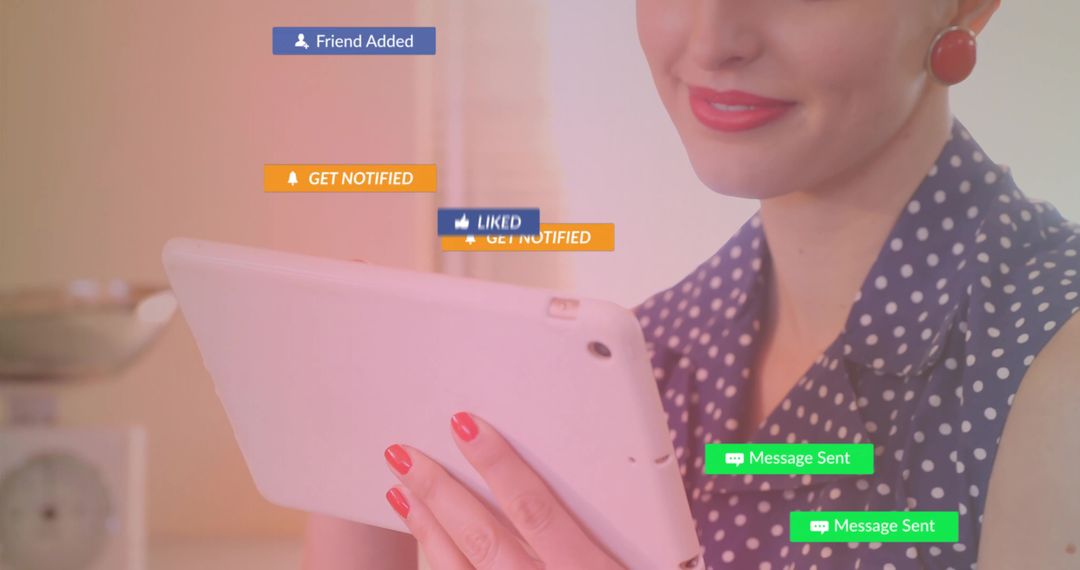 Woman Engaging with Social Media Notifications on Tablet at Home