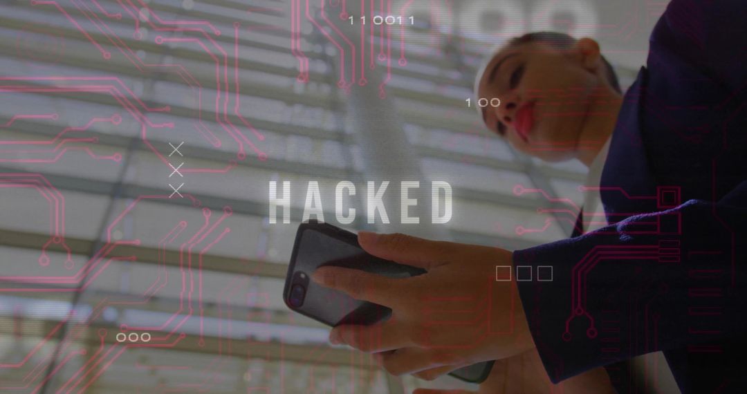 Businesswoman Analyzing Hacked Data Stream on Smartphone