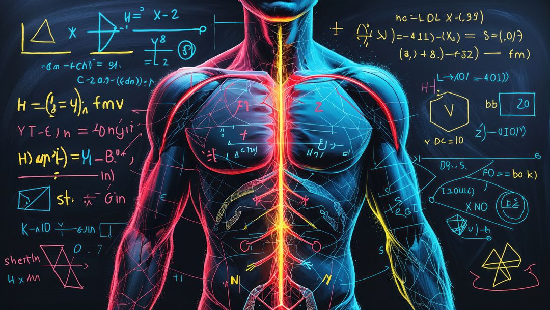 Futuristic Male Anatomy with Neon Equations and Scientific Illustrations