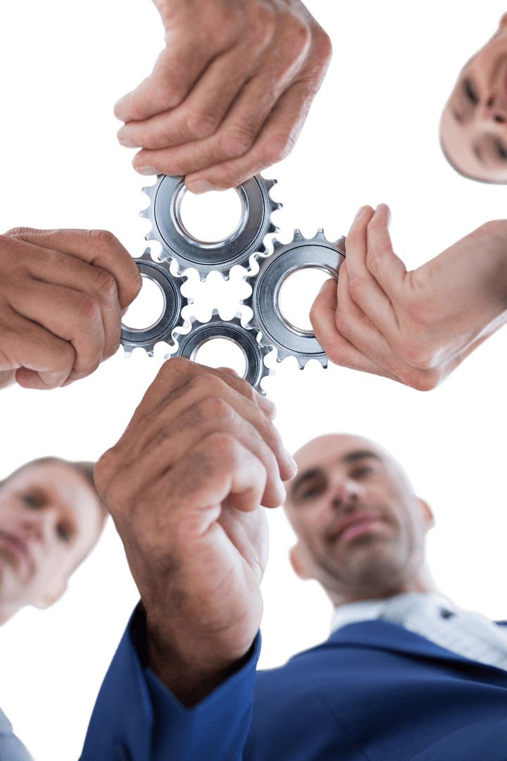 Diverse Individuals Holding Gears on Transparent Background