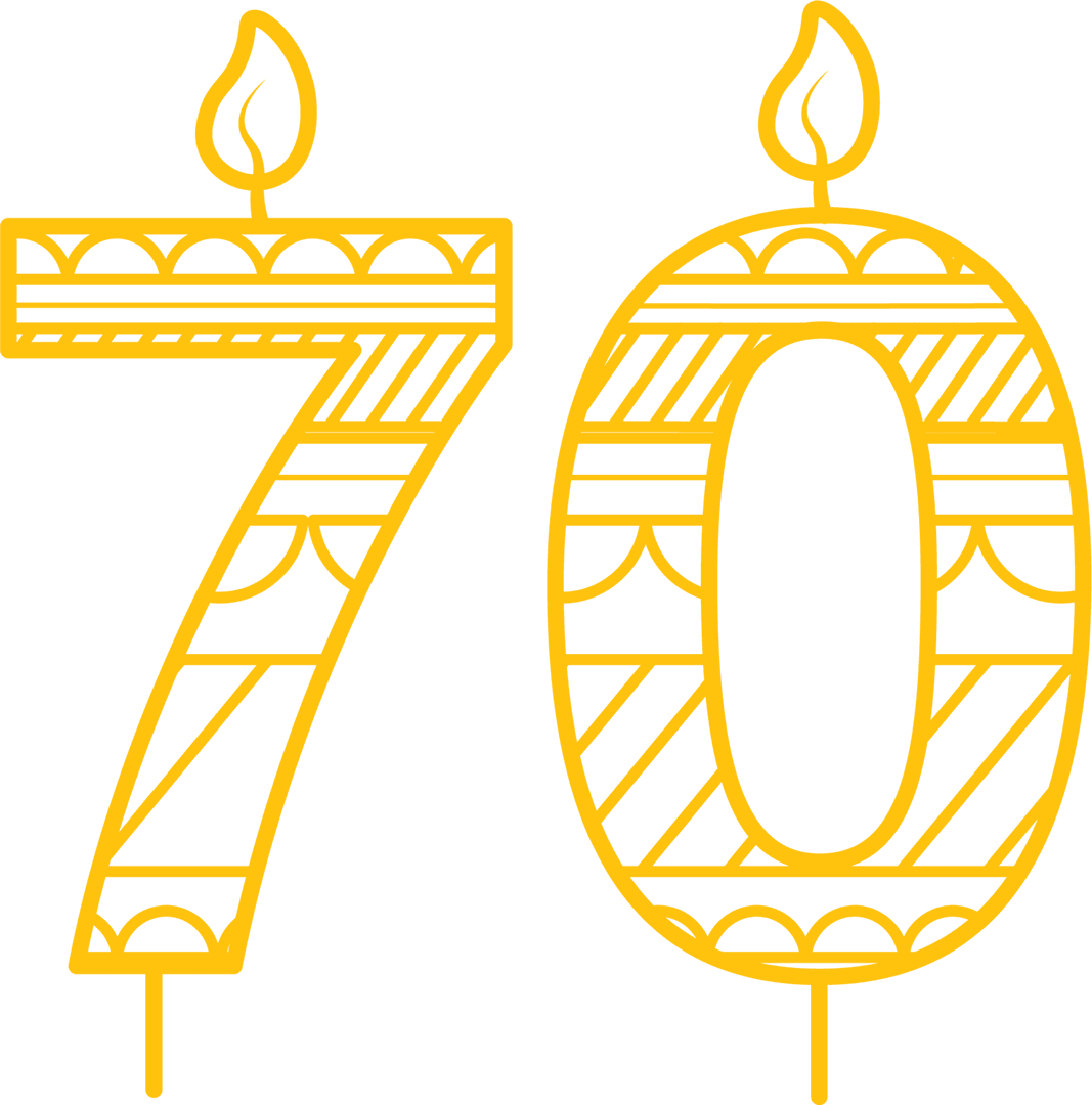 Yellow Number 70 with Flames on Transparent Background for Celebrations
