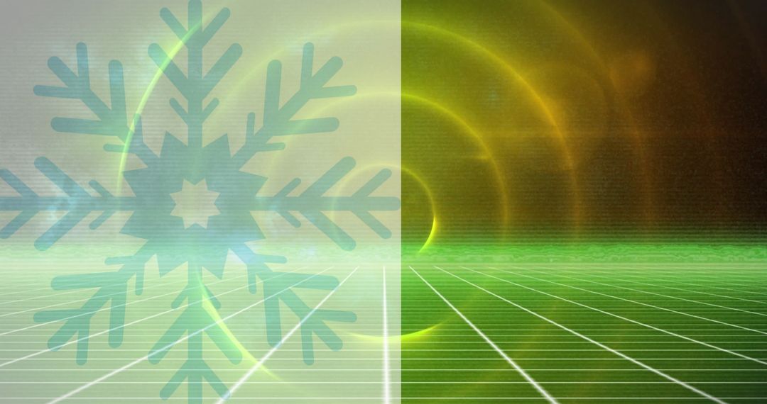 Futuristic Snowflake Over Neon Grid with Digital Design