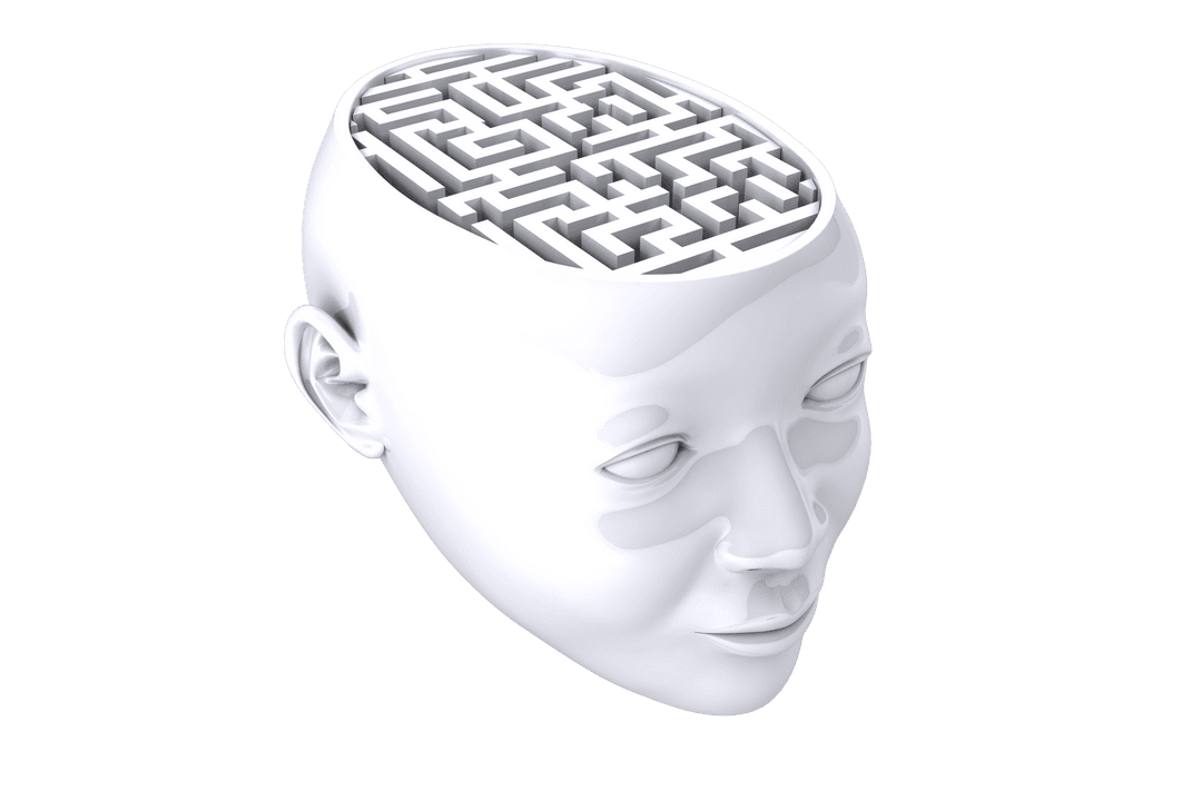 Digital Head with Labyrinth Brain on Transparent Background