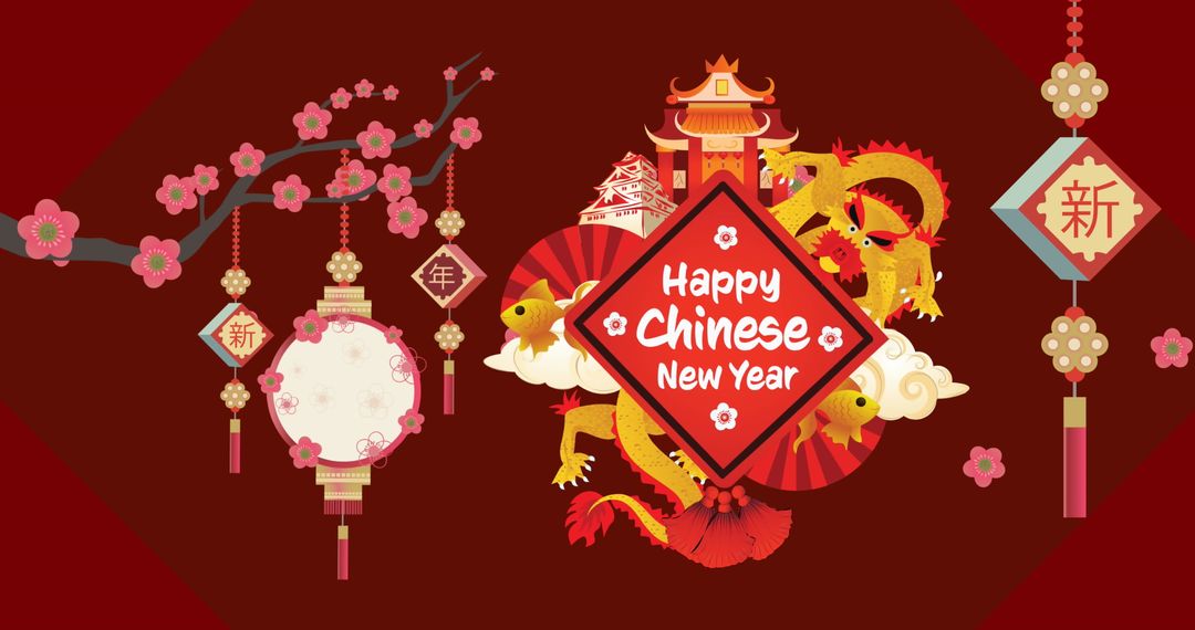 Chinese New Year Celebrations with Dragons and Lanterns on Red Background