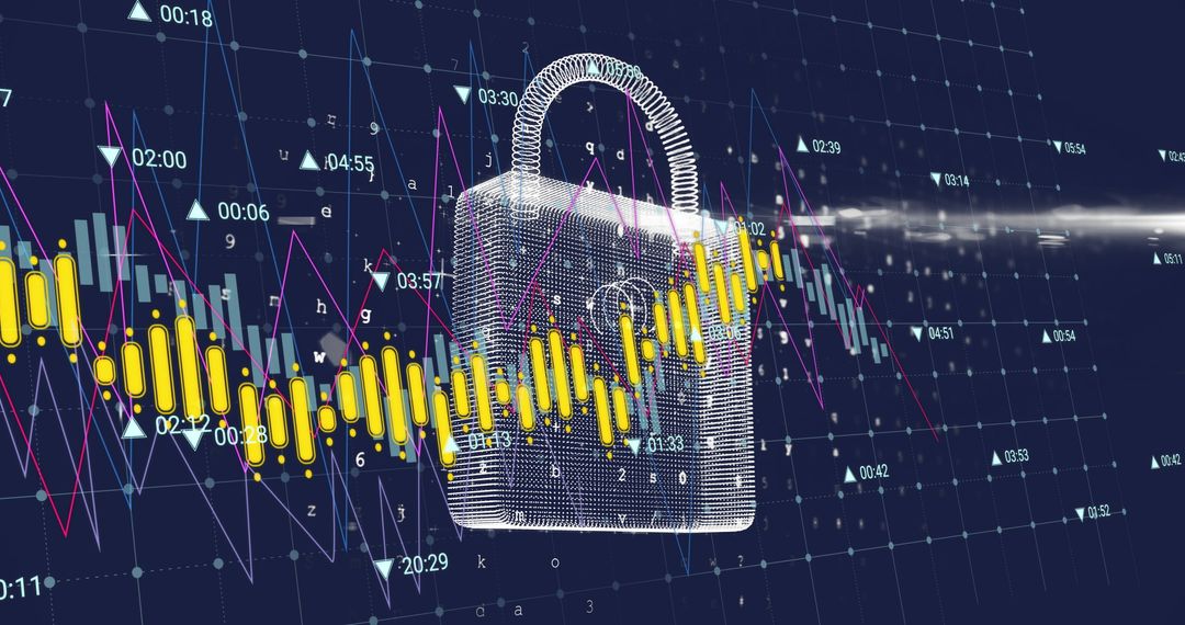 Digital Padlock with Financial Graph Overlay Illustrating Cybersecurity