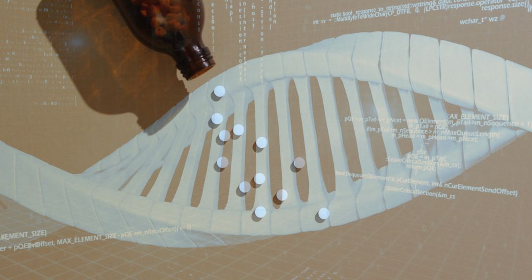 DNA Strand with Data Overlay and Pills Signifying Biotech