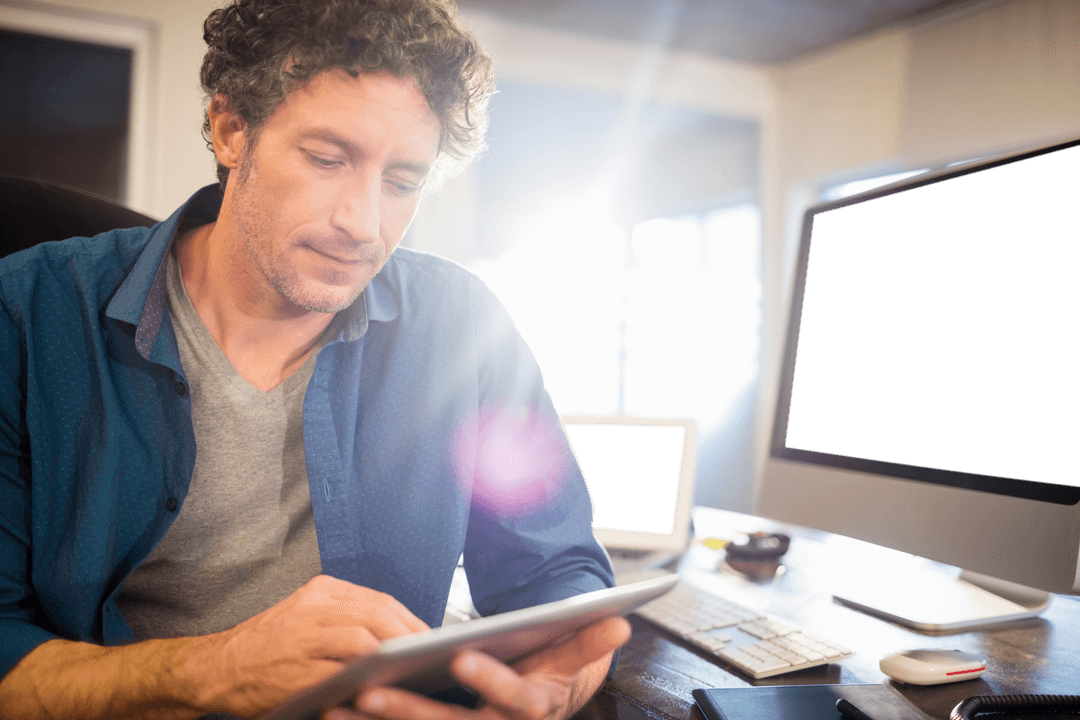 Transparent Businessman Engaging with Tablet in Modern Office Ambiance