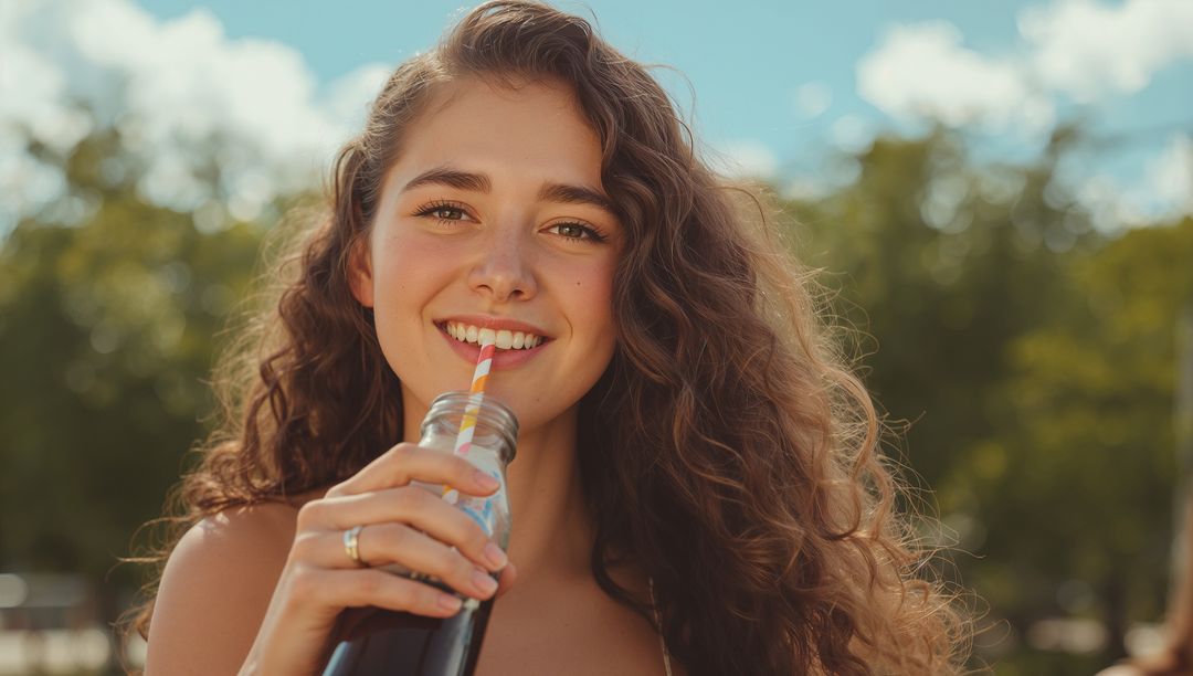 Joyful Woman Relaxing in Park, Enjoying Refreshing Drink