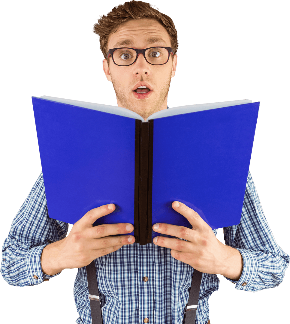 Surprised Geeky Businessman Holding Blue Book with Transparent Background