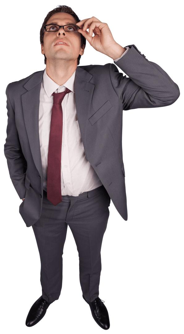 Transparent Businessman Typically Holding Glasses and Pondering Thoughtfully