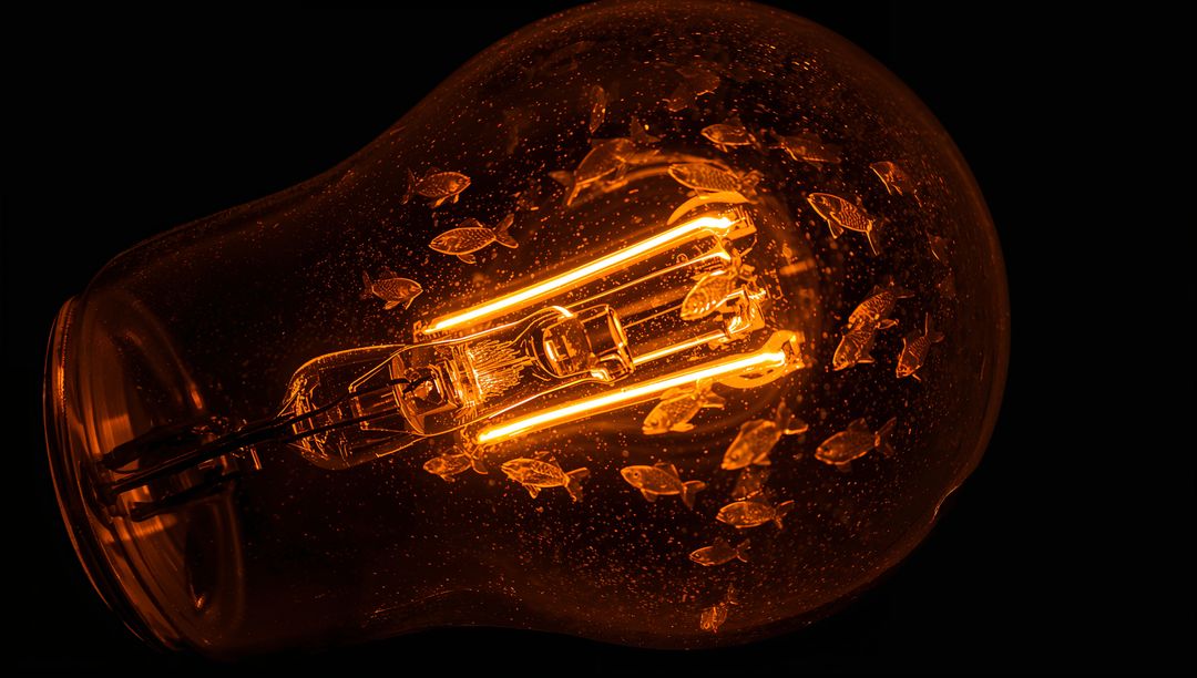Glowing Edison-Style Bulb Revealing Tubular Filament with Fish-Shaped Glass Inclusions