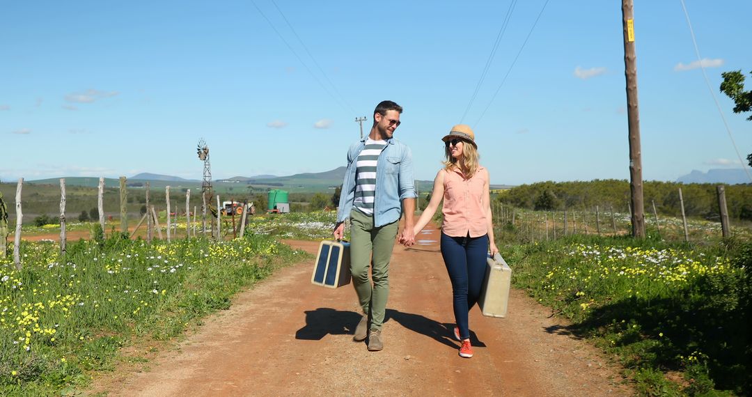 Couple Holding Hands Walking on Country Road with Suitcases - Free Images, Stock Photos and Pictures on Pikwizard.com