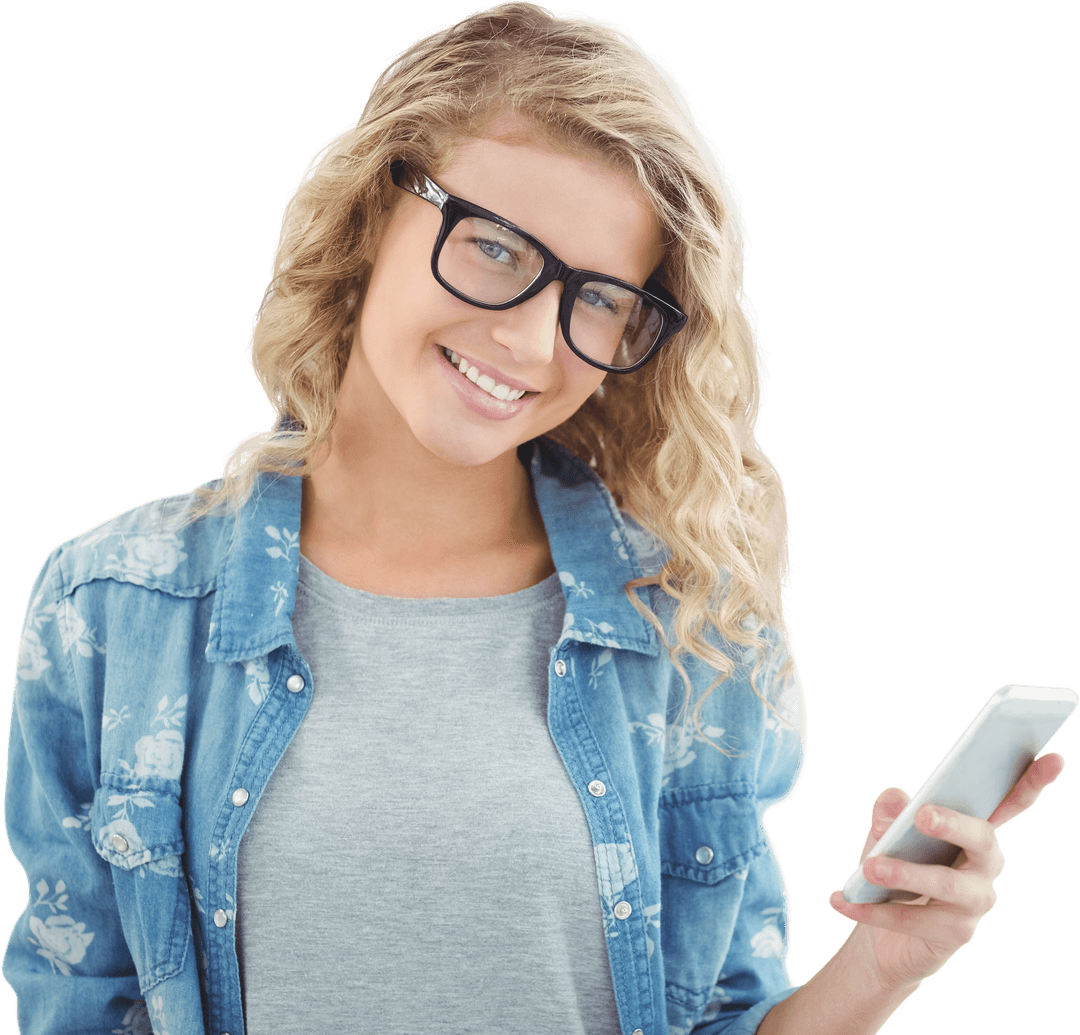 Smiling Woman with Glasses Holding Smartphone on Transparent Background