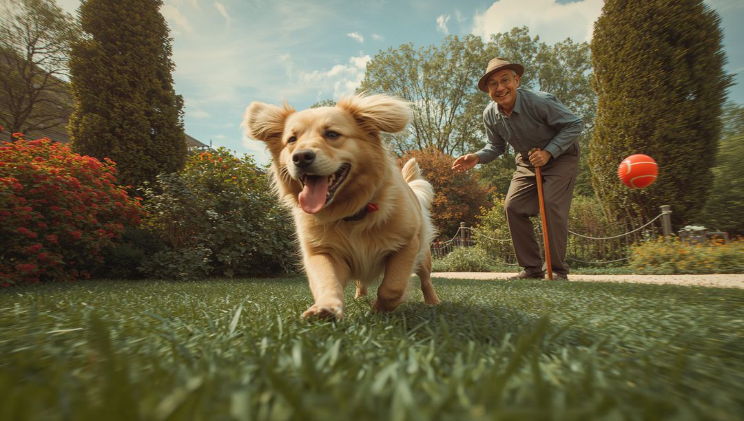 Golden Retriever Chasing Ball with Joyful Senior in Garden