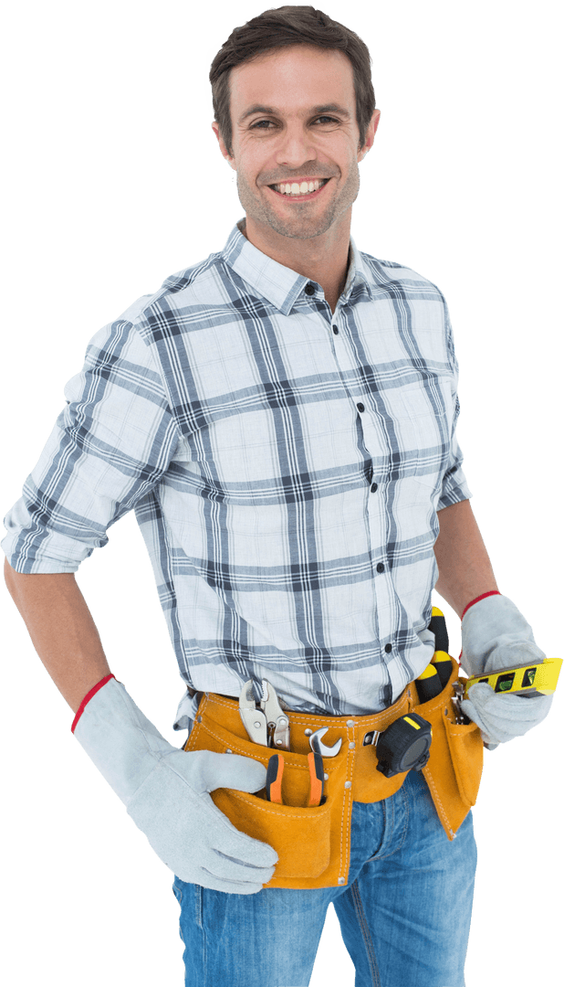 Confident Technician Holding Spirit Level Transparent Background