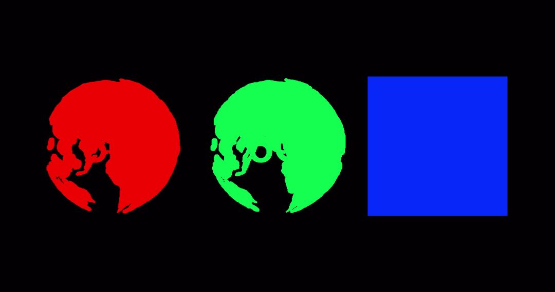 Red and Green Rotating Globes with Blue Square on Black Background