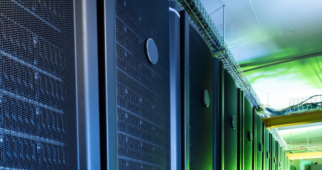 Modern Data Center Network Servers Illuminated in Blue and Green