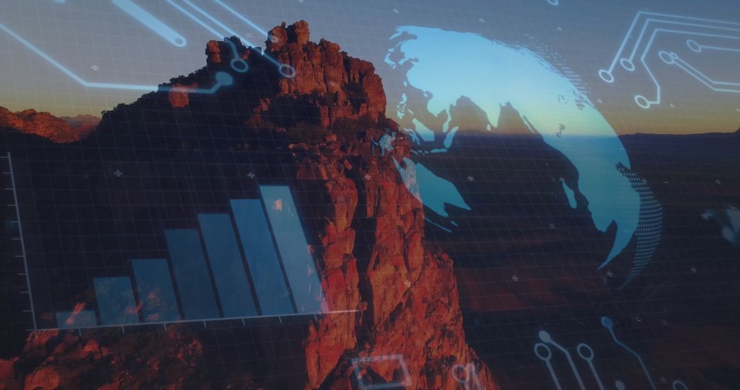 Futuristic Globe and Data Overlay on Rocky Canyonscape at Dusk