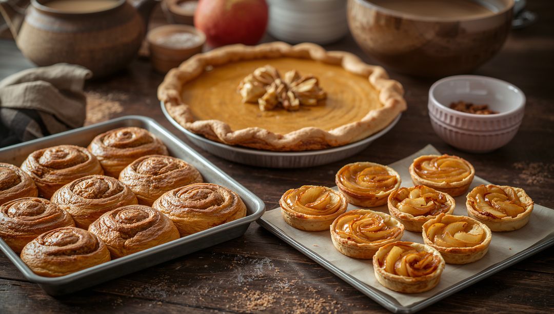 Rustic Bakery Display with Cinnamon Rolls and Apple Rose Tarts