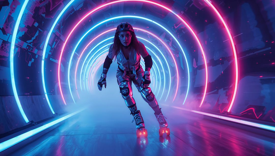 Dynamic Skater Gliding through Neon LED Tunnel