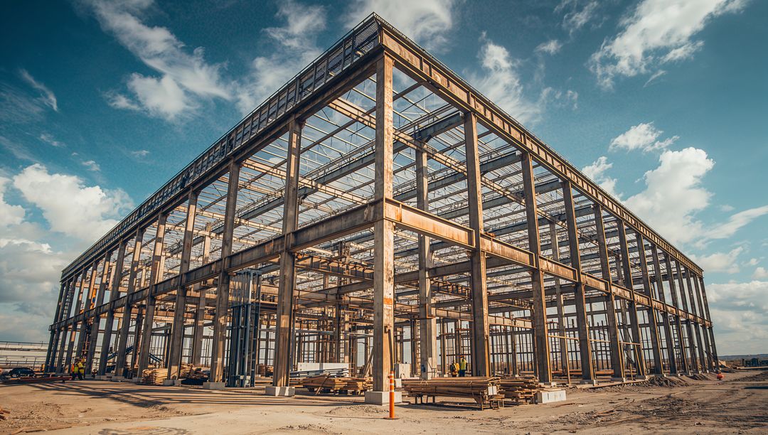 Workers Inspecting Steel Framework on Industrial Construction Site