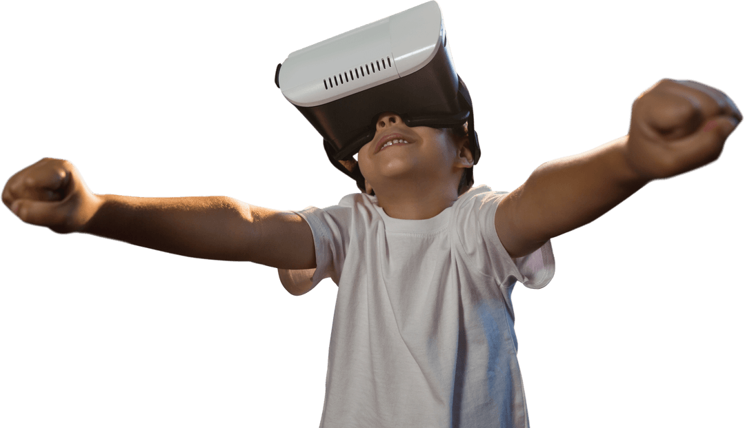 Cheerful Child Engaged with Virtual Reality Headset on Transparent Background