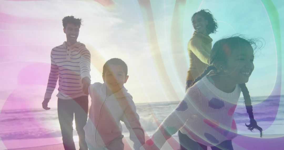 Joyful Family Running on Beach at Colorful Sunset