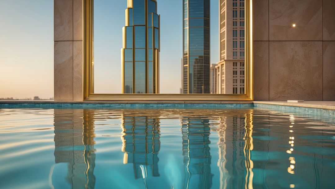 Luxurious Rooftop Pool Reflecting Skyscrapers and Gold Frame
