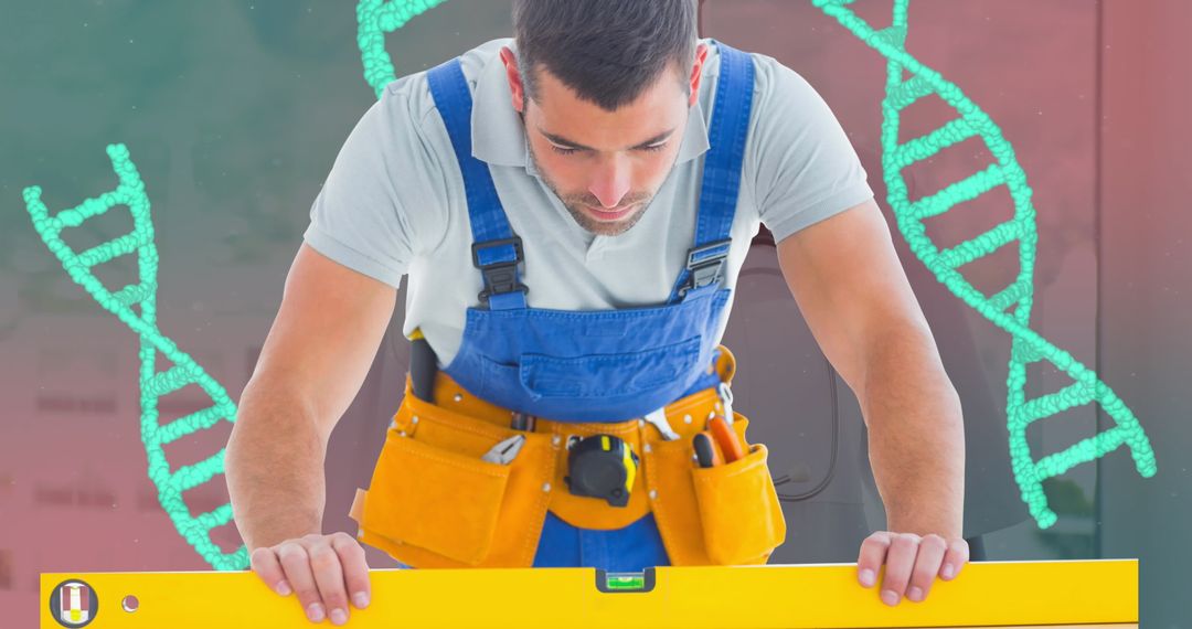 Construction Worker Analyzing Building Plans with DNA Overlay