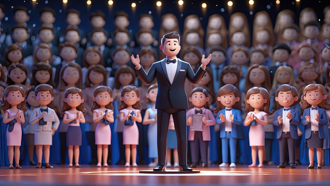 Animated conductor leading choir to standing ovation in dramatic music performance