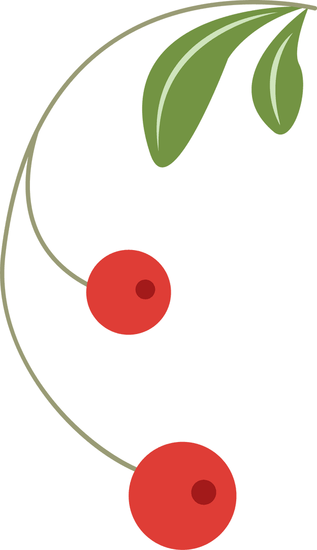 Pair of Cherries with Stems and Leaves on Transparent Background