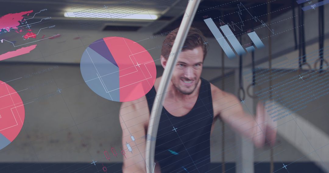 Man Exercising with Data Overlay in Modern Gym Setting