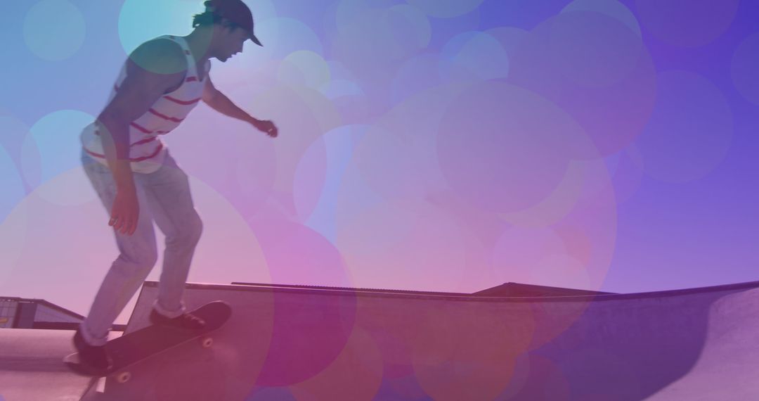 Skateboarder Engaging in Tricks with Colorful Digital Overlay