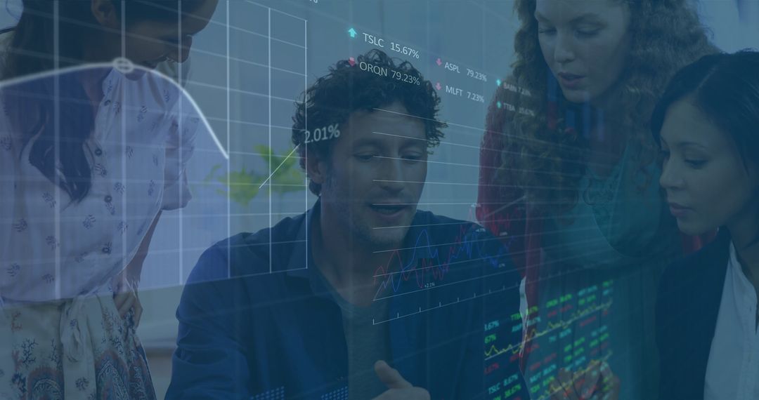 Collaborative Team Analyzing Digital Financial Data in Office