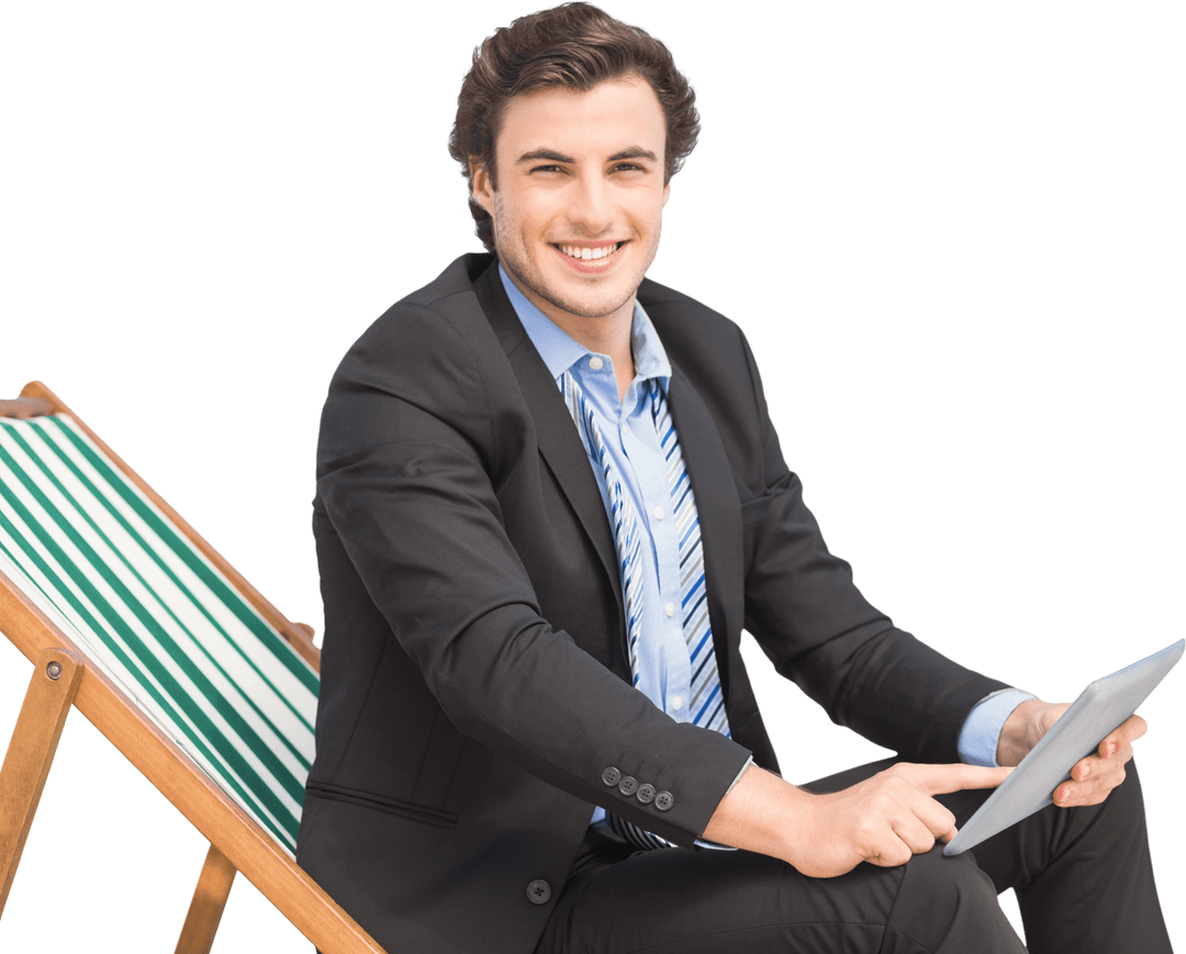 Smiling Businessman Relaxed on Deck Chair Transparent Background