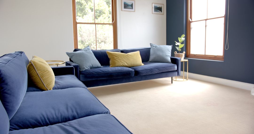 Modern Living Room with Blue Sofas and Decorative Cushions