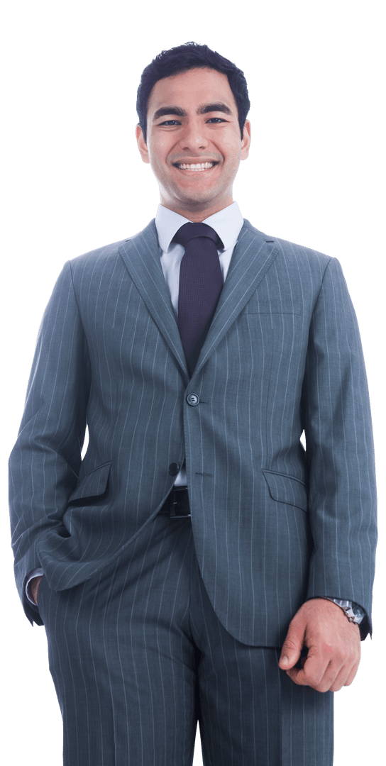 Transparent Smiling Biracial Businessman in Pinstripe Suit