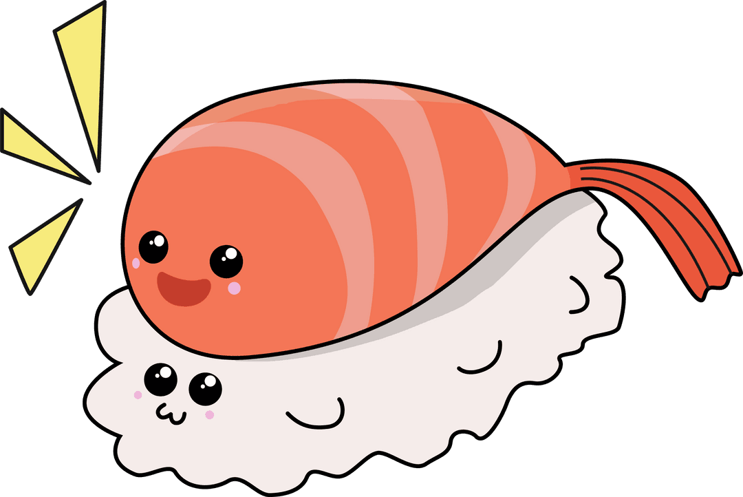 Smiling Sushi with Shrimp in Cute Kawaii Cartoon Style, Transparent