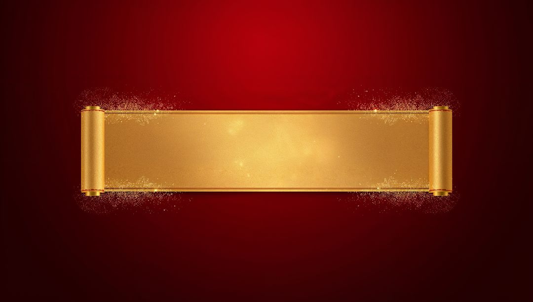 Golden Scroll Banner on Red Background with Glittering Rolled Ends for Festive Designs