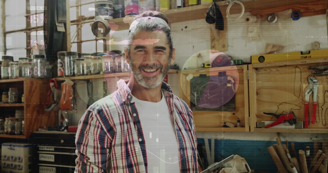 Mature Artisan Smiling in Innovative Woodworking Workshop