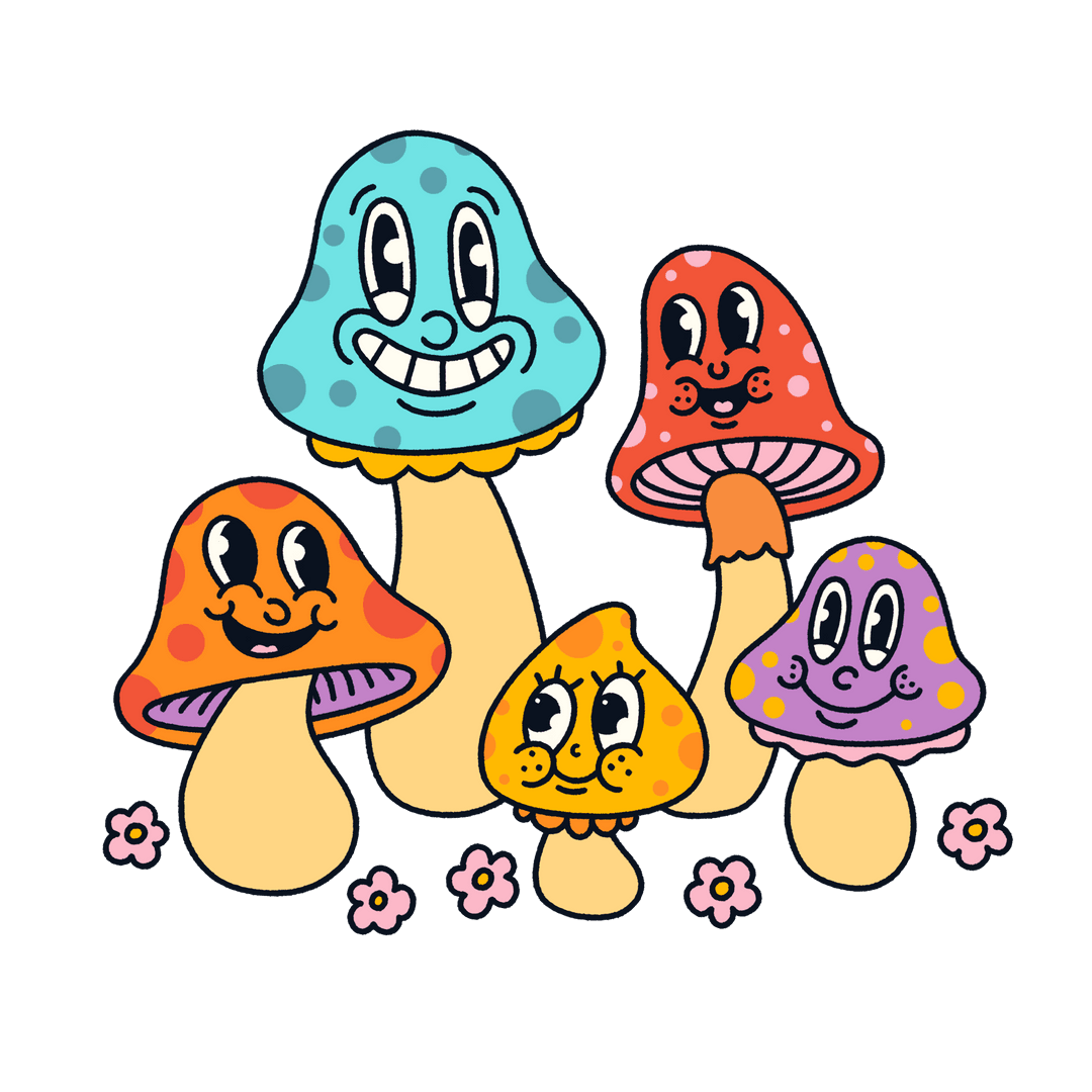 Whimsical Fantasy Mushrooms Smiling on Transparent Background
