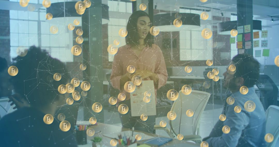 Team Meeting with Digital Bitcoin Icons Discussing Cryptocurrency