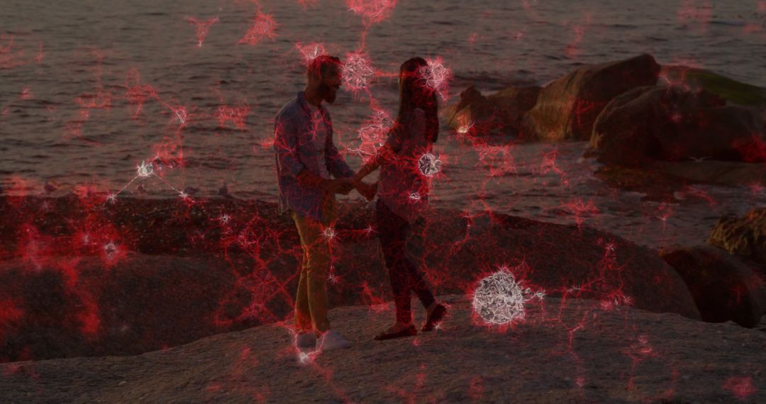 Couple Connects on Rocky Shoreline at Dusk with Neural Network Overlay
