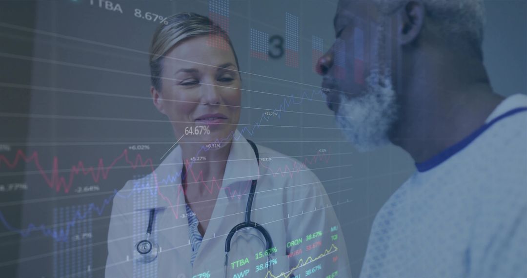 Physician Consulting Patient with Digital Data Overlay in Exam Room