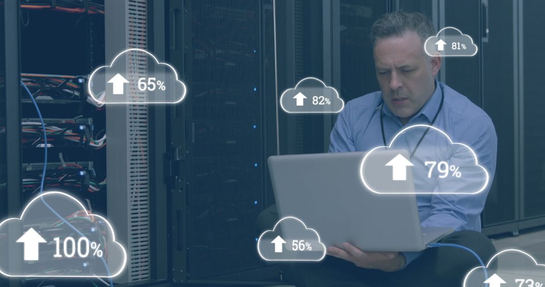 Man analyzing cloud data in tech server room environment