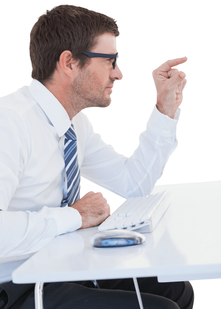 Transparent Businessman Pointing at Desk Display Modern Focus