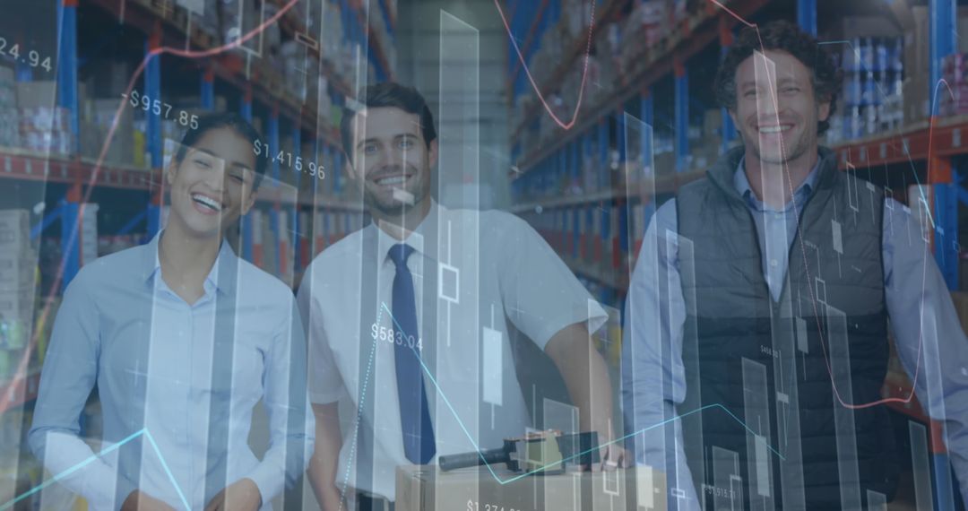 Business Team in Warehouse Analyzing Global Financial Trends