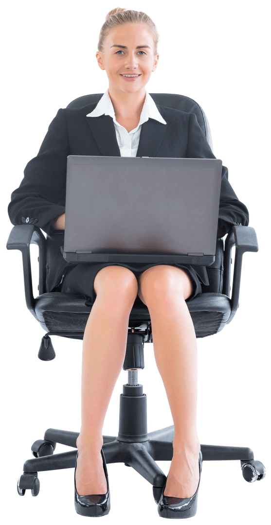 Transparent Businesswoman on Swivel Chair Using Laptop